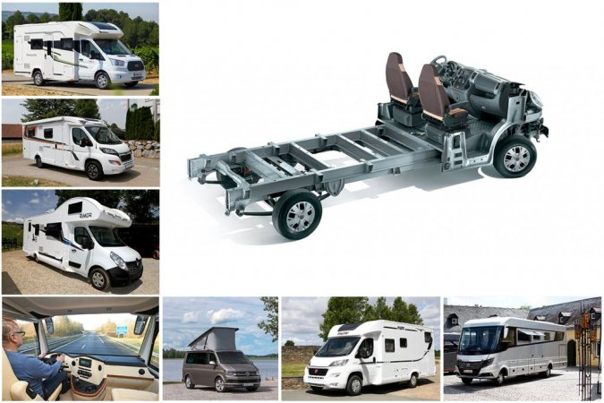 Tout camping-car est construit par un constructeur-amnageur (Pilote, Challenger, Hymer, Rapido)  partir d'un vhicule (Fiat Ducato, Ford Transit). Ce vhicule est la plupart du temps un utilitaire lger. Il fournit au camping-car son moteur, voire son chssis, sa carrosserie de cabine, et ses quipements de conduite.