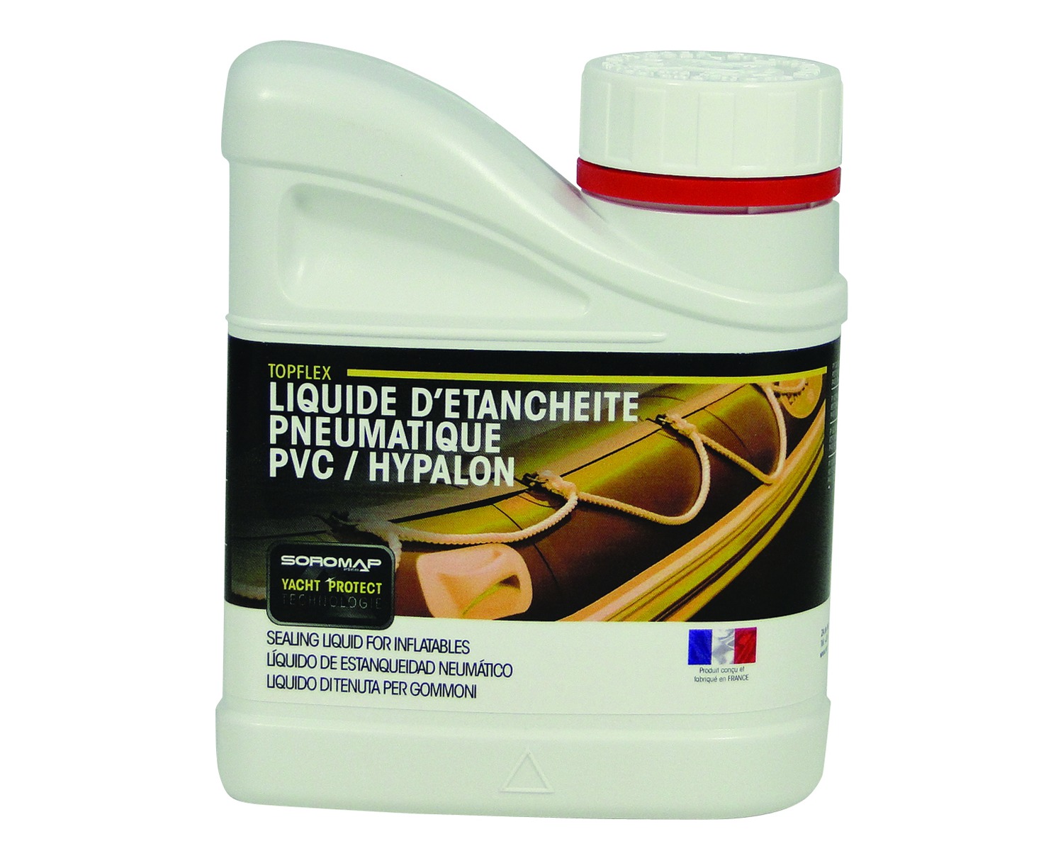 Liquide d'tanchit pneumatique Topflex: STOP FUITE PNEUMATIQUES -  Ce vernis en mulsion est destin  ajouter un revtement intrieur  votre embarcation pneumatique (PVC, hypalon) ou aux objets flottants (pare-battages, boues,) pour tanchifier ces produits.