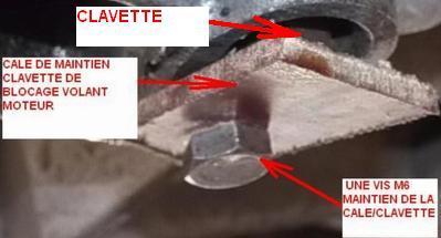 La clavette (7 mm) de calage du volant moteur - 3: 2 encoches se trouvent sur le volant moteur. On peut maintenir cette clavette avec un plat perc au diamtre 6,5 mm et maintenu par une vis M6 (photo ci-dessous)