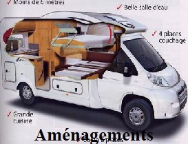 Aménagements camping-car: réfrigérateur trimixte, service eau, circuit du gaz, électricité, éclairage, aération, sécurité, alarmes, wc à cassette, sog