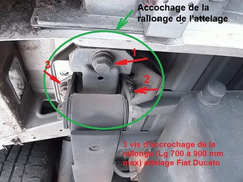 Châssis plancher X230 FIAT DUCATO: sur la base d'un Attelage RENAULT ESPACE 2 modifié en largeur et adapté avec une rallonge à un Châssis FIAT DUCATO.