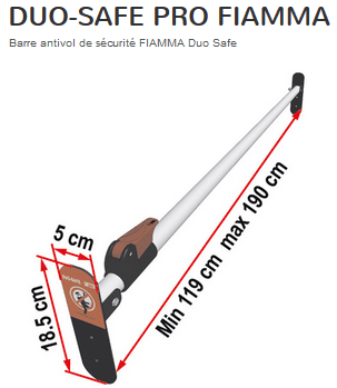 DUO-SAFE PRO FIAMMA: La barre de sécurité Duo safe a été produit pour protéger les portes de la cabine de votre camping-car. Dissuasive, visible de l'extérieur et très facile à poser, cette barre est composé de deux crochets Quick Lock installés à chacune de ses extremités, à glisser derrière les vitres avant pour ... La barre de sécurité Duo safe a été produit pour protéger les portes de la cabine de votre camping-car. Dissuasive, visible de l'extérieur et très facile à poser, cette barre est composé de deux crochets Quick Lock installés à chacune de ses extremités, à glisser derrière les vitres avant pour bloquer depuis l'intérieur les portières de votre camping-car. La barre se transforme immédiatement en une solide protection en qui l'on peut faire confiance. Modèle universel, testé sur Fiat Ducato/Citroën Jumper/Peugeot Boxer et sur la plupart des autres véhicules. 