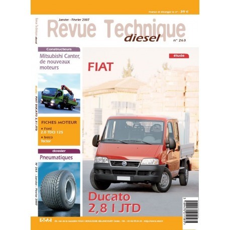 RTD 263 FIAT DUCATO: La Revue Technique Diesel n°263 comporte une étude technique sur les caractéristiques, diagnostic, mise au point, réparation et entretien du véhicule. La RTD FIAT DUCATO 2,8 JTD vous propose également des fiches techniques moteurs, synthèse de toutes les informations nécessaires pour des moteurs précis.
